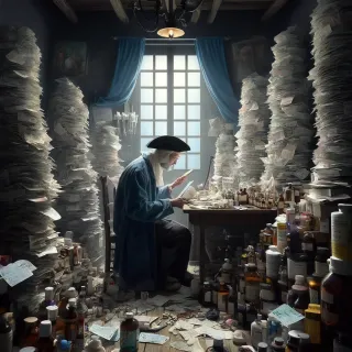 Argan est représenté seul dans sa chambre, entouré d'énormes piles de factures médicales