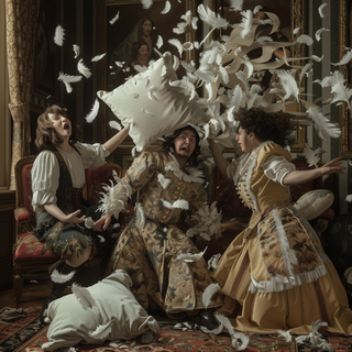 illustration d'une bataille d'oreillers entre Toinette et Argan dans la scène 6 de l'acte 1 du malade imaginaire de Molière